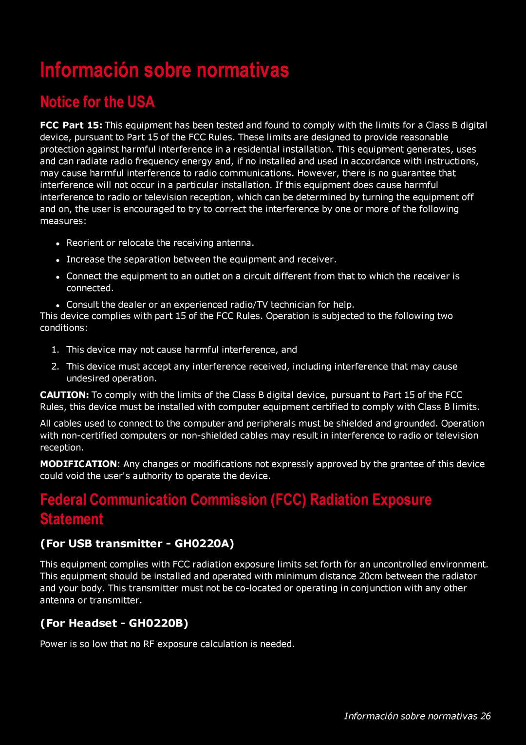Creative Labs Información sobre normativas, Notice for the USA, For USB transmitter - GH0220A, For Headset - GH0220B 