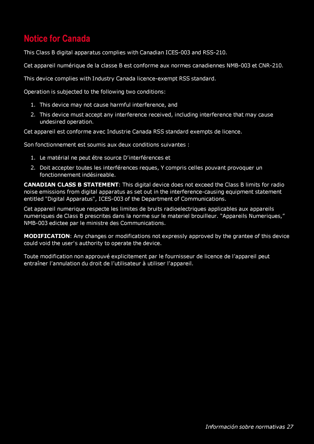 Creative Labs GH0220A manual Notice for Canada, Información sobre normativas 