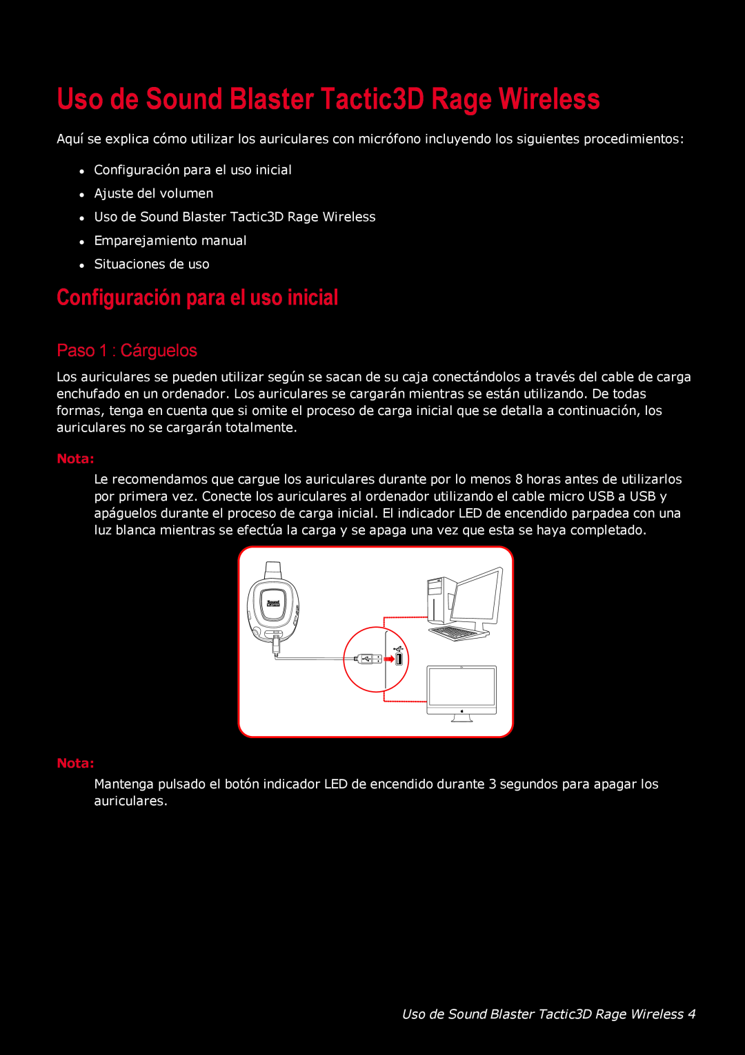 Creative Labs GH0220A manual Uso de Sound Blaster Tactic3D Rage Wireless, Configuración para el uso inicial, Nota 