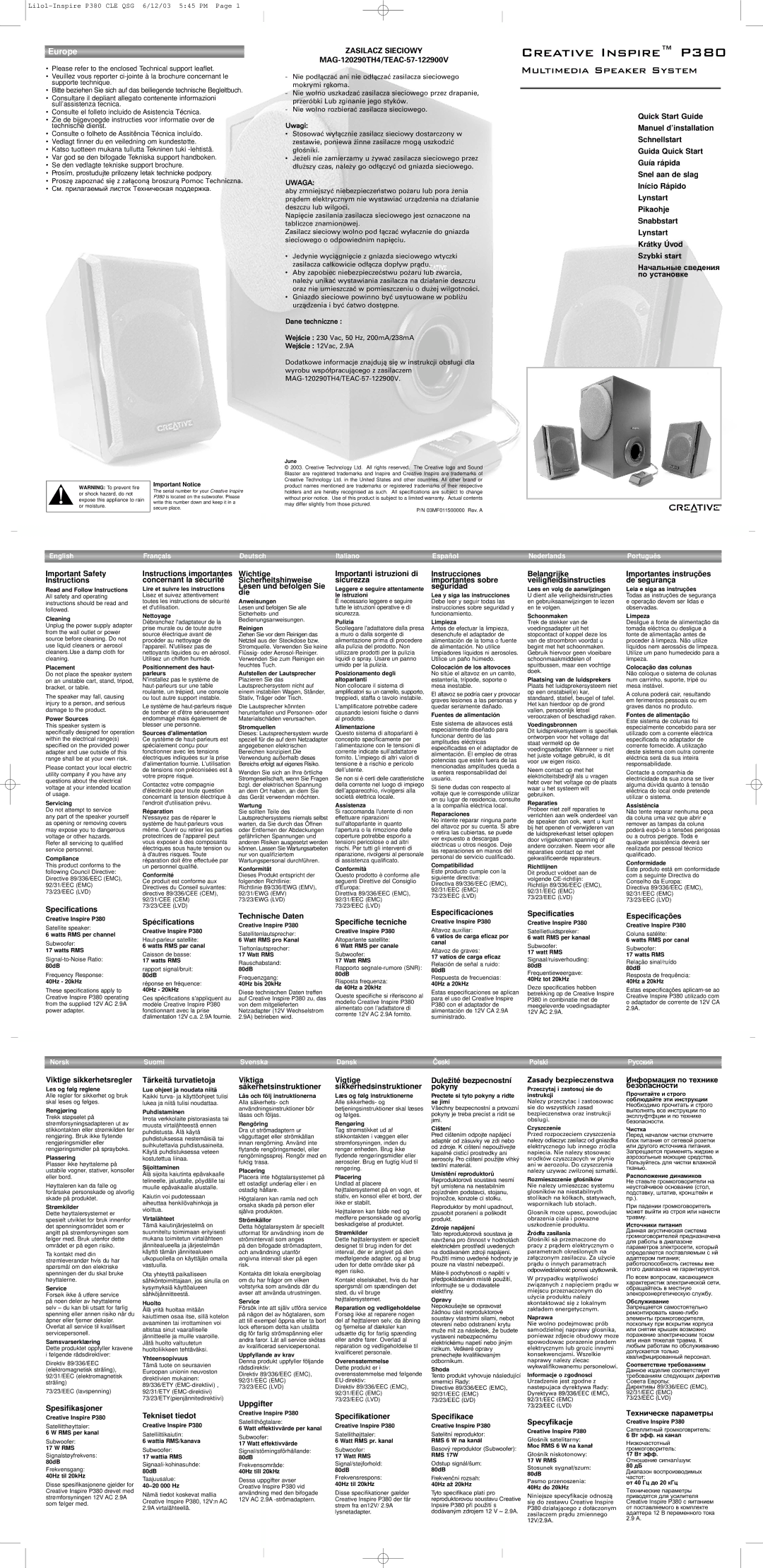 Creative Labs P380 important safety instructions MAG-120290TH4/TEAC-57-122900V, Important Safety Instructions, Uppgifter 