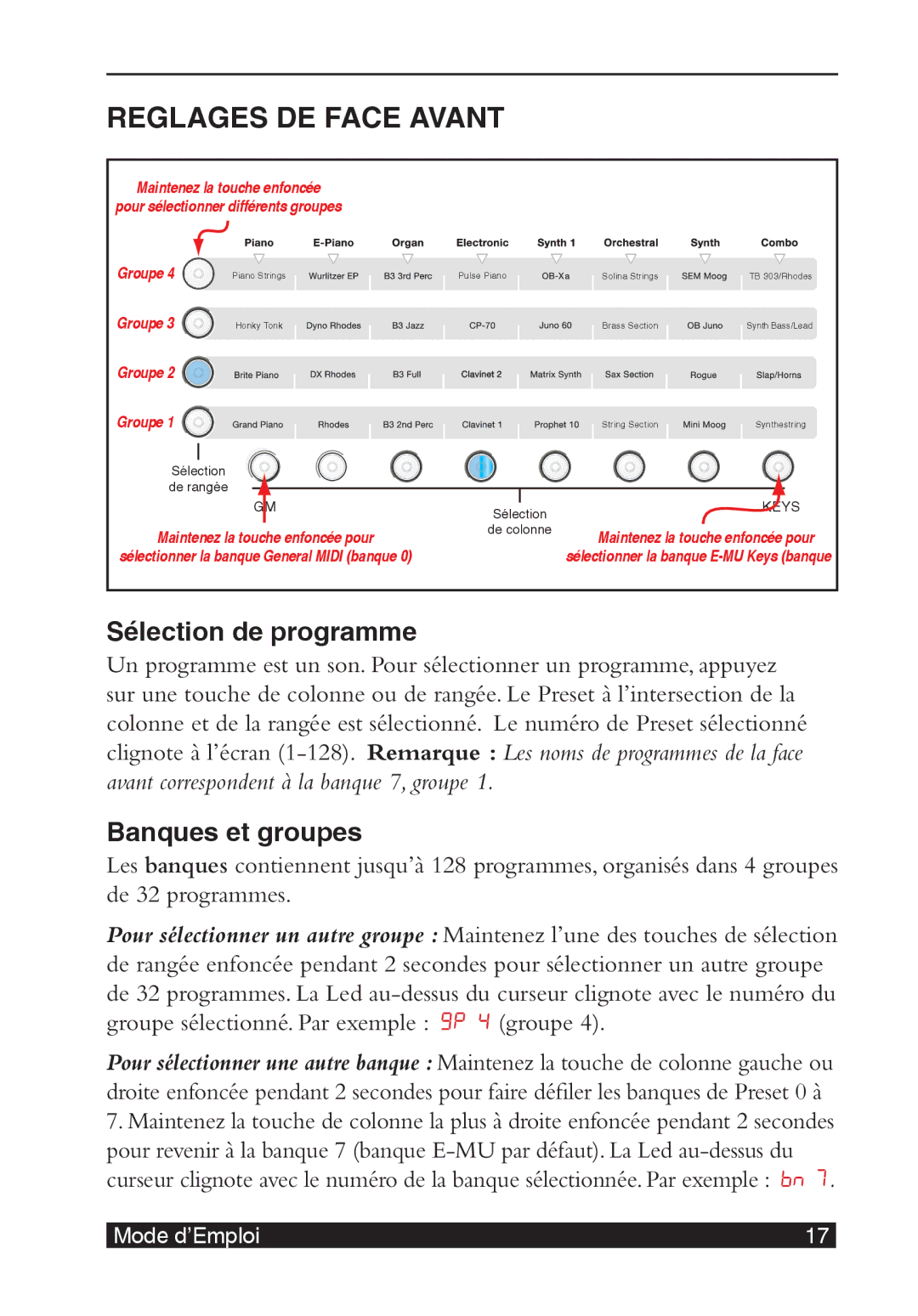 Creative LONGboard 61 manual Reglages de Face Avant, Sélection de programme, Banques et groupes 