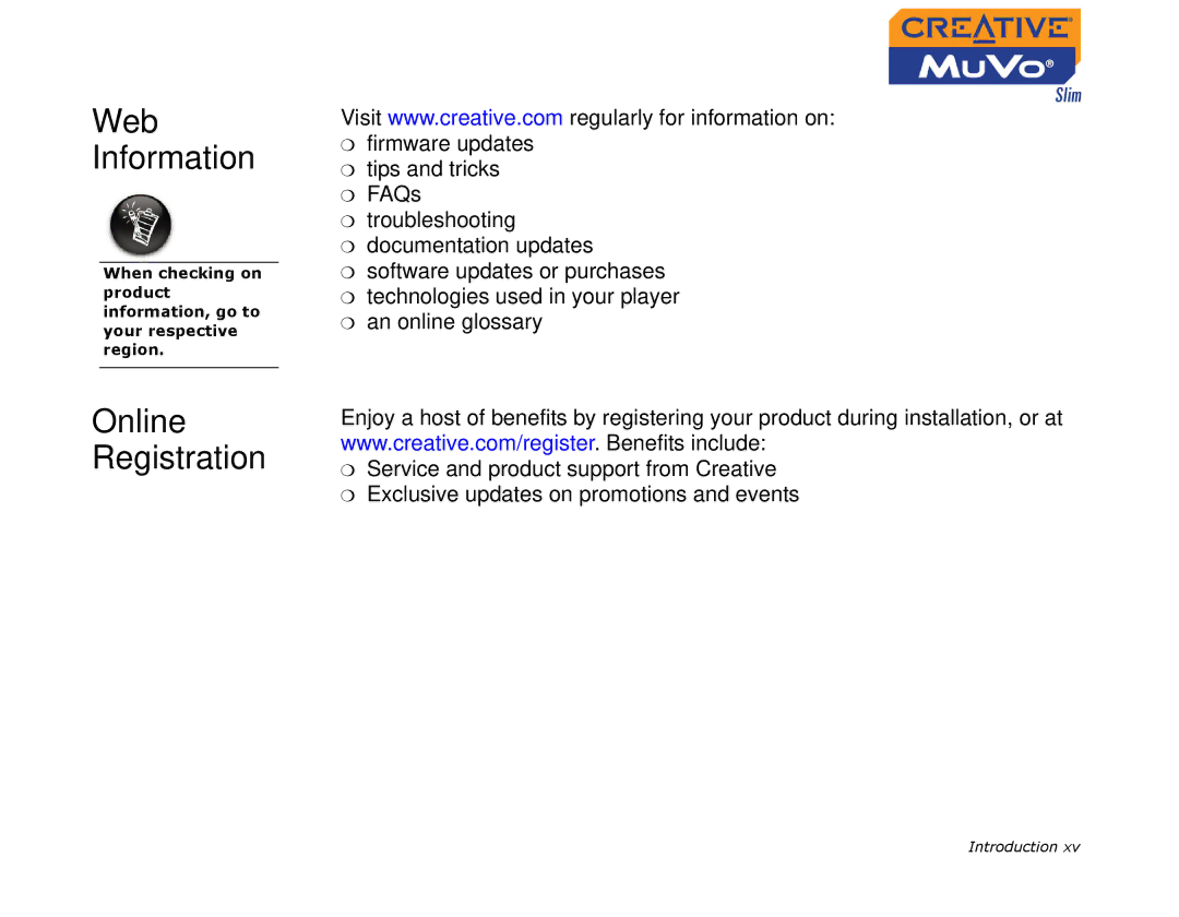 Creative MuVo Slim manual Web Information, Online Registration 