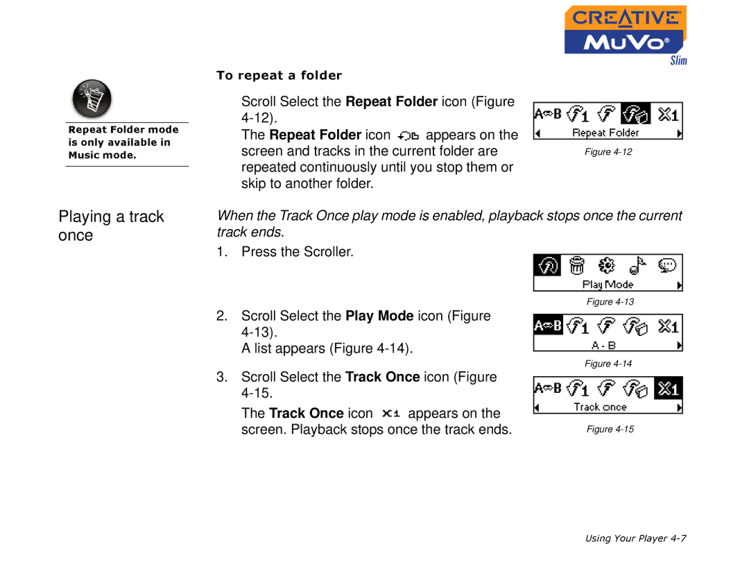 Creative MuVo Slim manual Playing a track once, Repeat Folder icon 