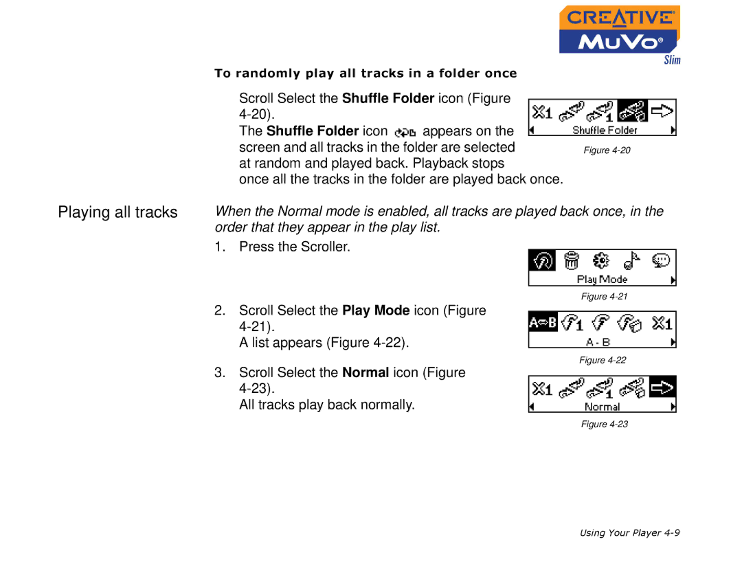 Creative MuVo Slim manual Playing all tracks, Shuffle Folder icon 