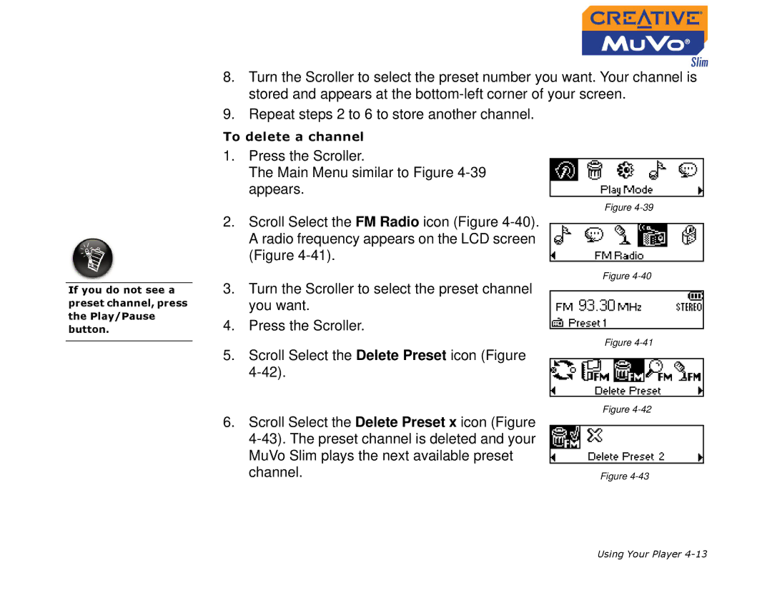 Creative MuVo Slim manual Press the Scroller Main Menu similar to -39appears 