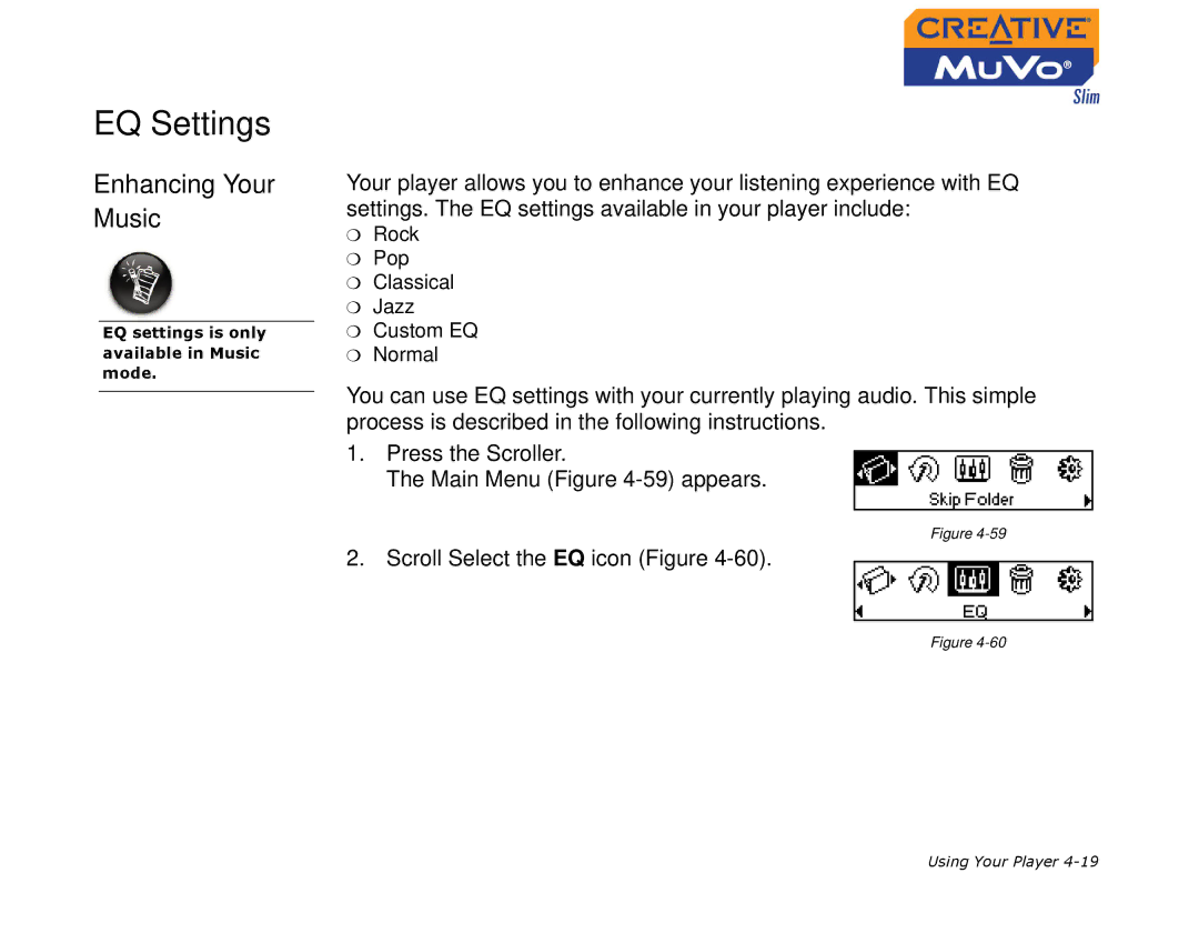 Creative MuVo Slim manual EQ Settings, Enhancing Your Music 