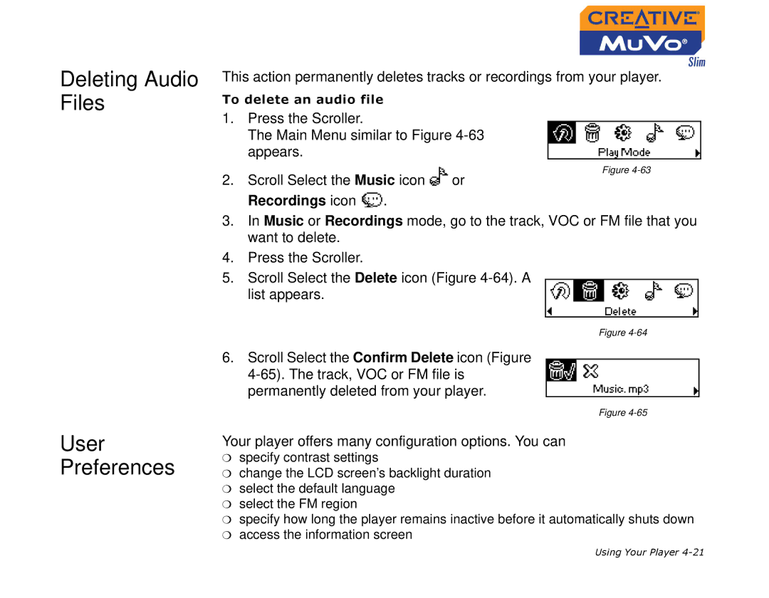 Creative MuVo Slim manual Deleting Audio Files, User Preferences, Recordings icon 