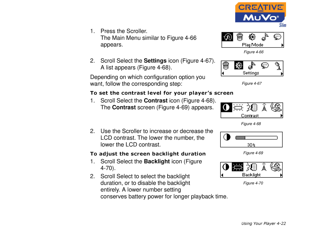 Creative MuVo Slim manual To set the contrast level for your player’s screen 