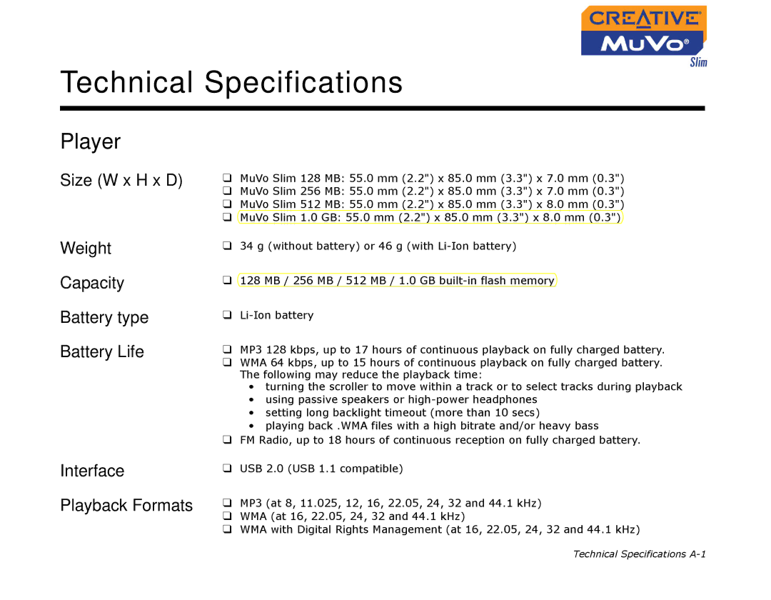 Creative MuVo Slim manual Technical Specifications, Player 