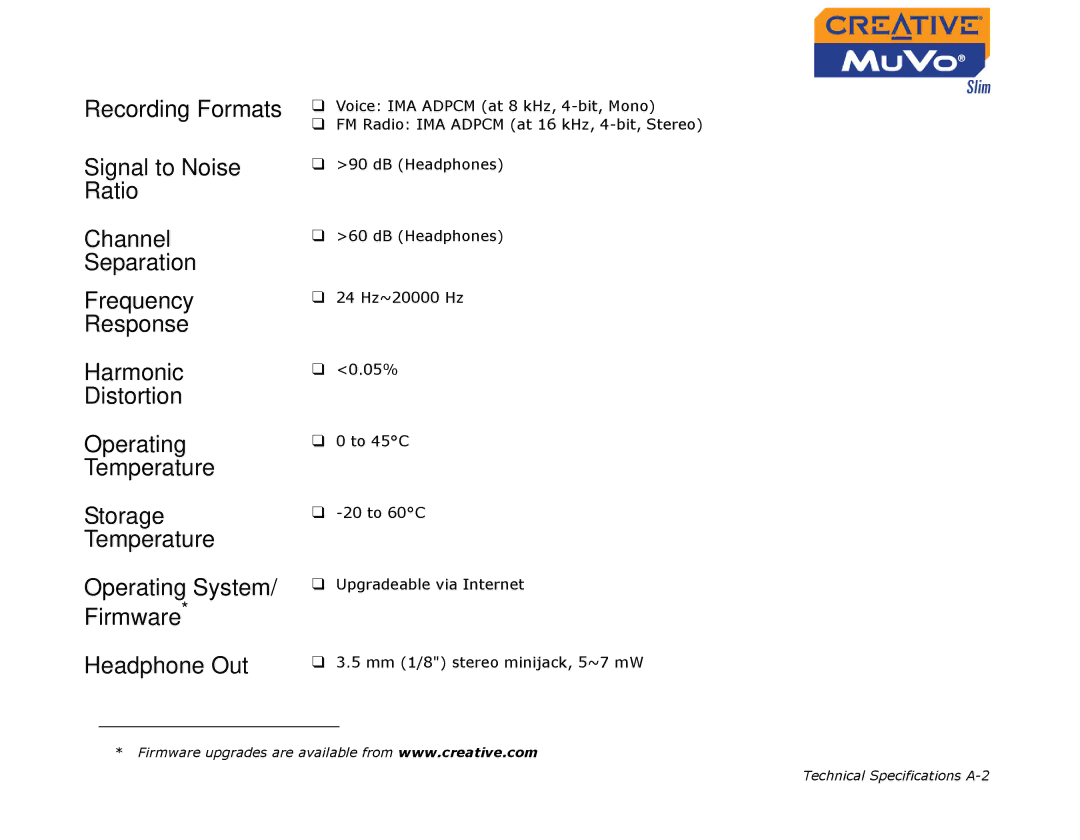 Creative MuVo Slim manual Technical Specifications A-2 