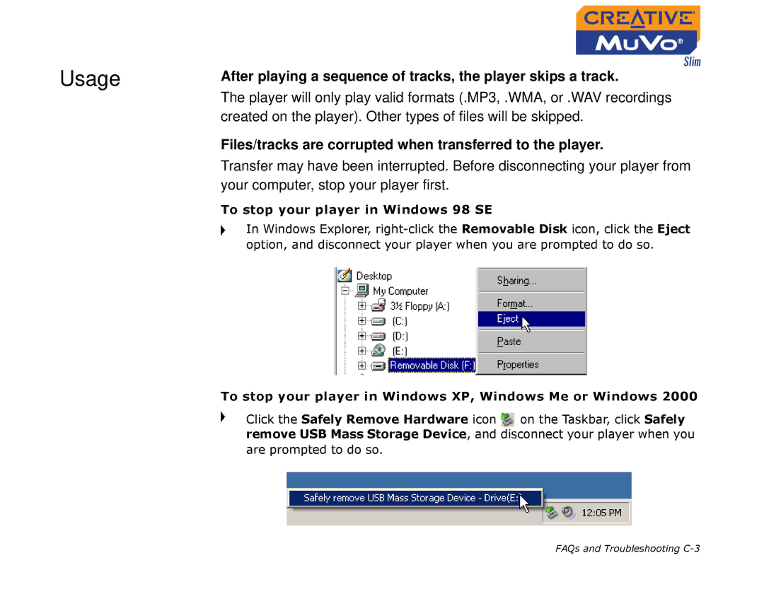 Creative MuVo Slim manual Usage, Files/tracks are corrupted when transferred to the player 