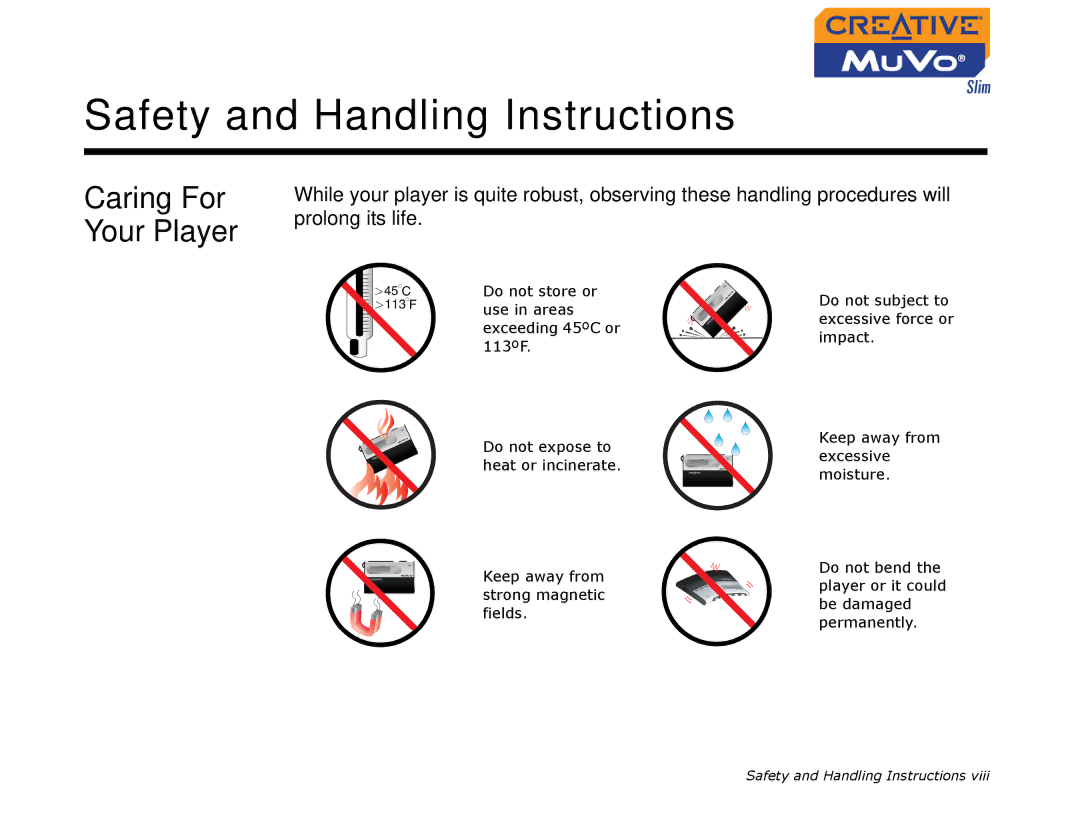 Creative MuVo Slim manual Safety and Handling Instructions, Caring For Your Player 