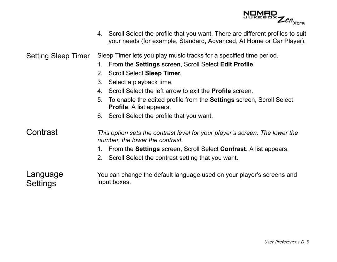 Creative NOMAD Zen XTRA manual Contrast Language Settings, Setting Sleep Timer 
