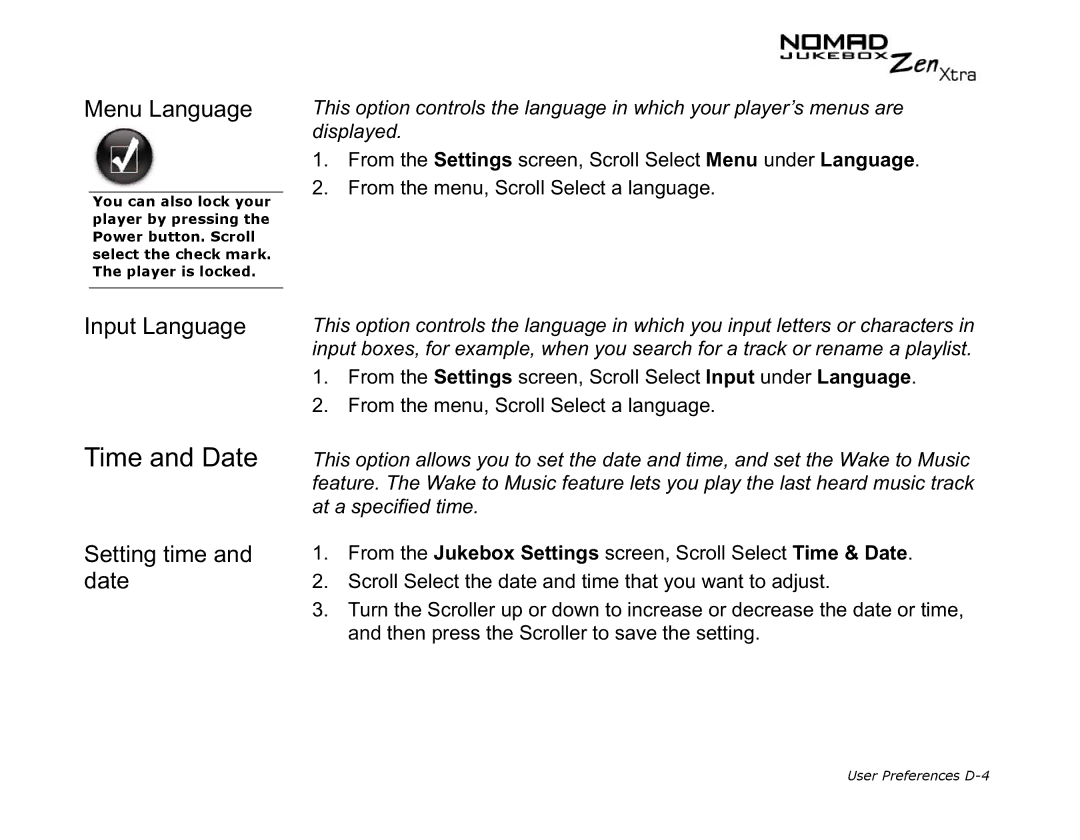 Creative NOMAD Zen XTRA manual Time and Date, Menu Language, Input Language, Setting time and date 