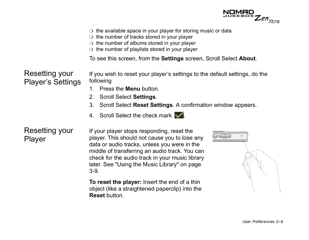 Creative NOMAD Zen XTRA manual Resetting your Player’s Settings 