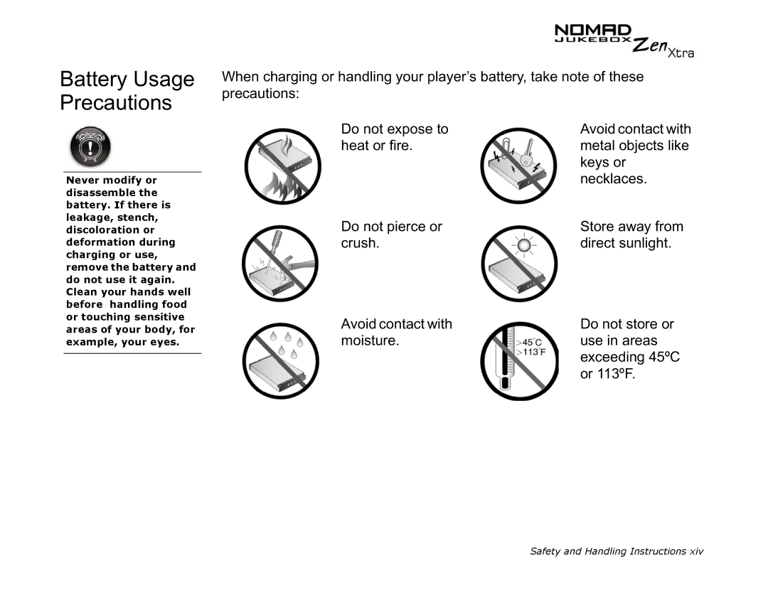 Creative NOMAD Zen XTRA manual Battery Usage Precautions 