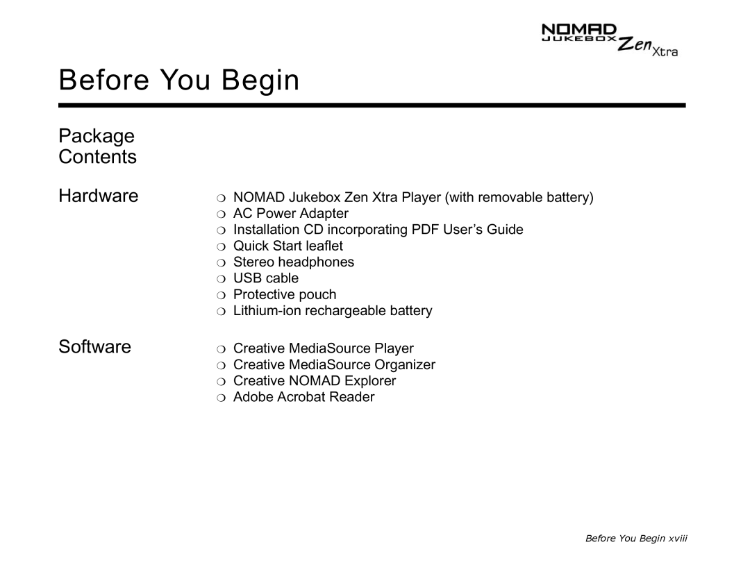 Creative NOMAD Zen XTRA manual Before You Begin, Package Contents 