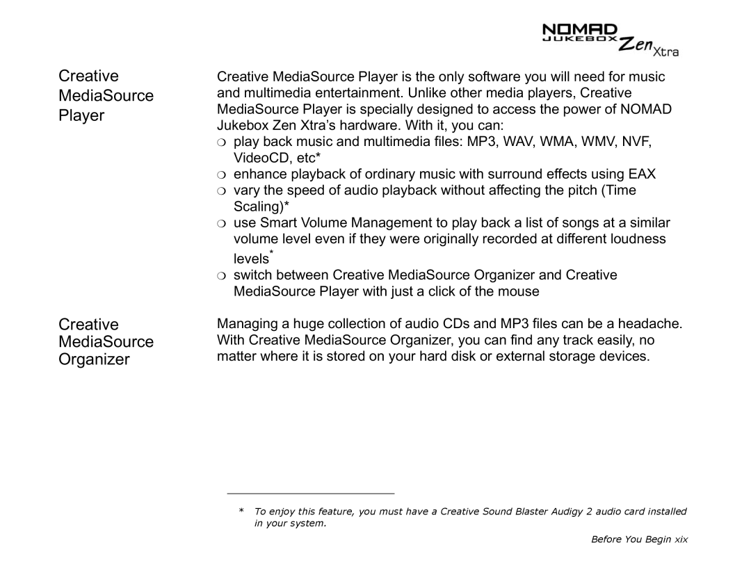 Creative NOMAD Zen XTRA manual Creative, MediaSource, Player, Organizer 