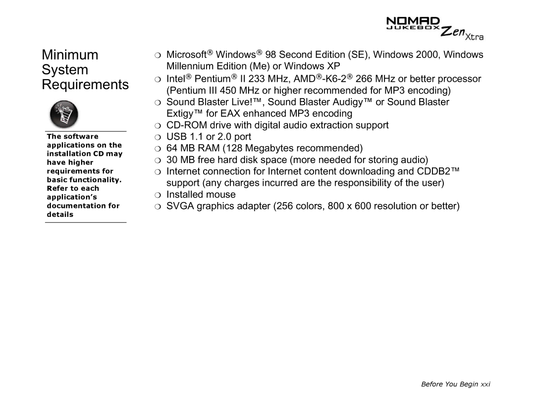 Creative NOMAD Zen XTRA manual Minimum System Requirements 