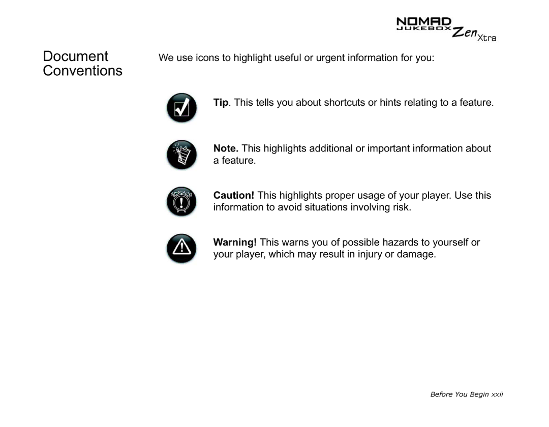 Creative NOMAD Zen XTRA manual Document Conventions 