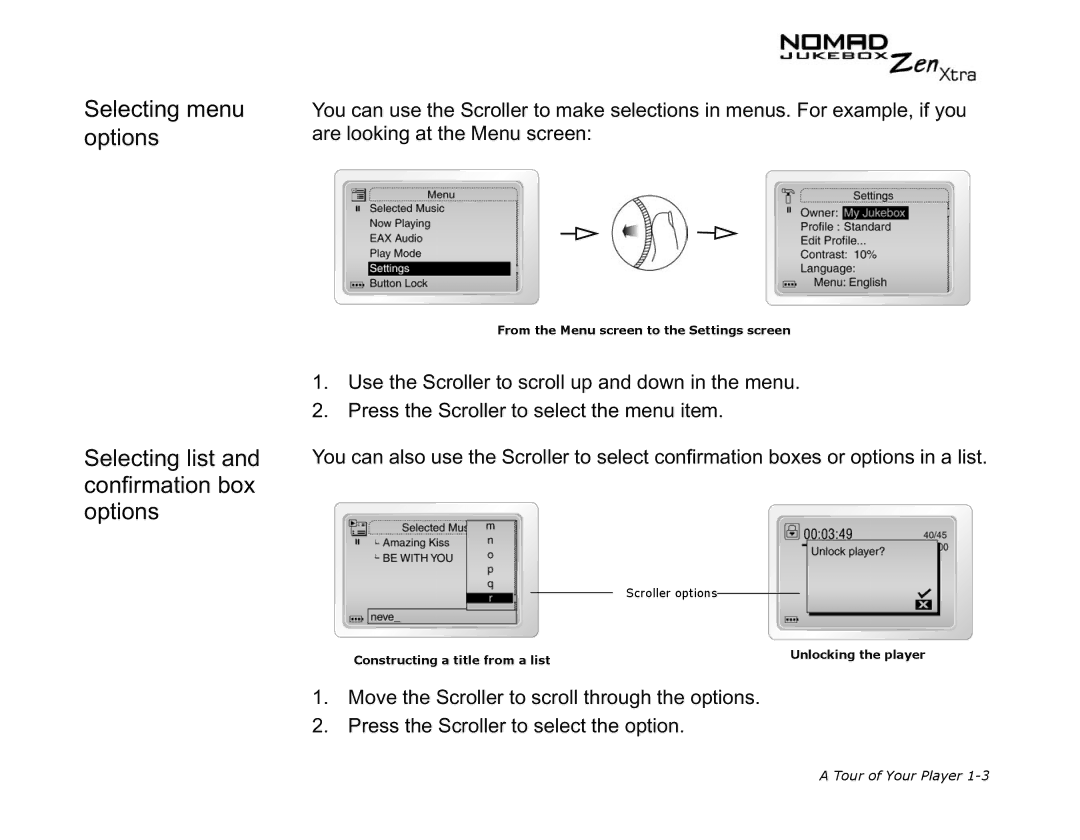 Creative NOMAD Zen XTRA manual Selecting menu, Options, Confirmation box options 