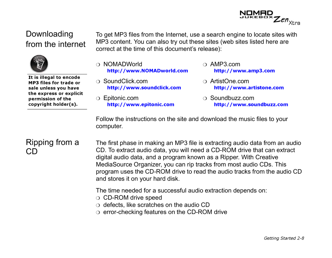 Creative NOMAD Zen XTRA manual Downloading from the internet, Ripping from a 