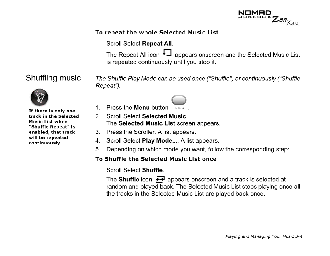 Creative NOMAD Zen XTRA manual Shuffling music 