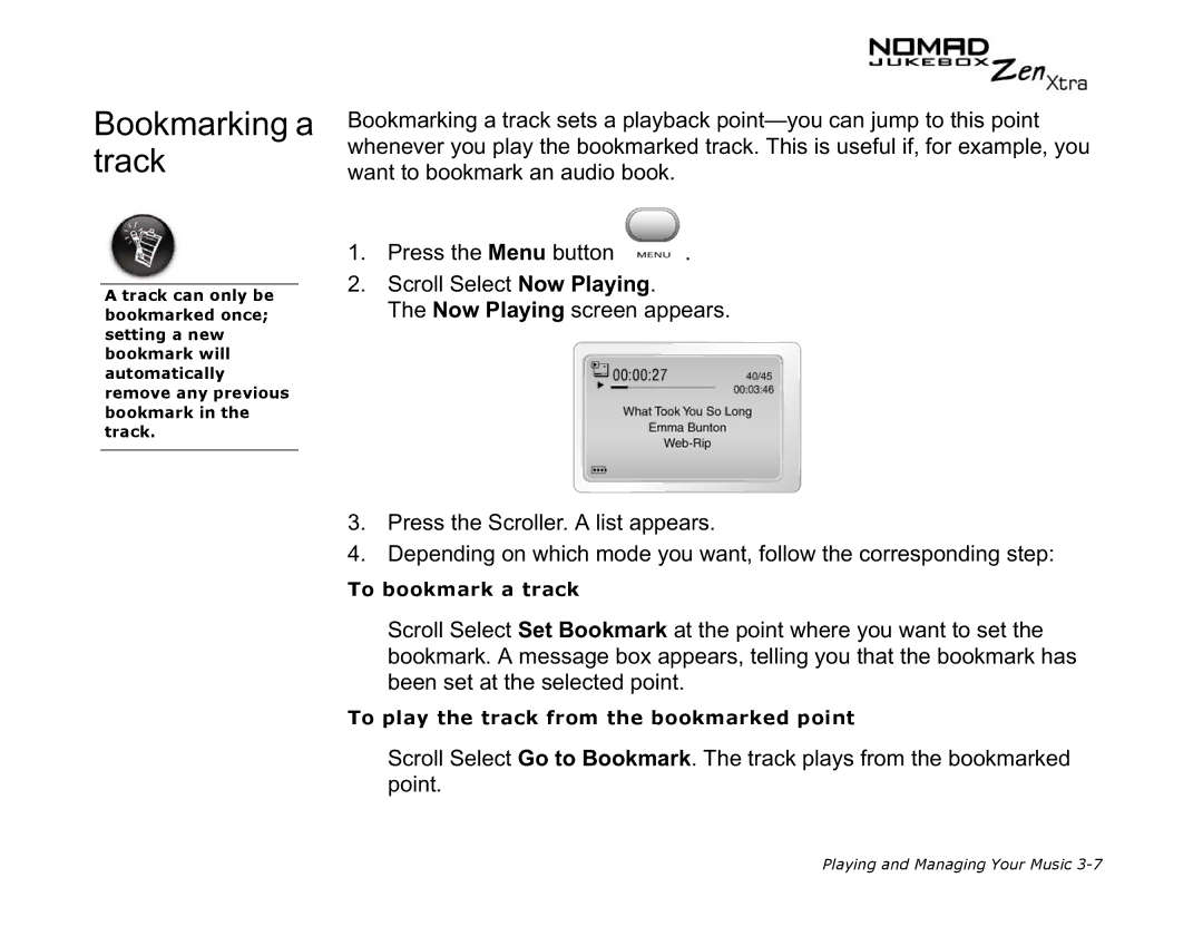 Creative NOMAD Zen XTRA manual Bookmarking a track 