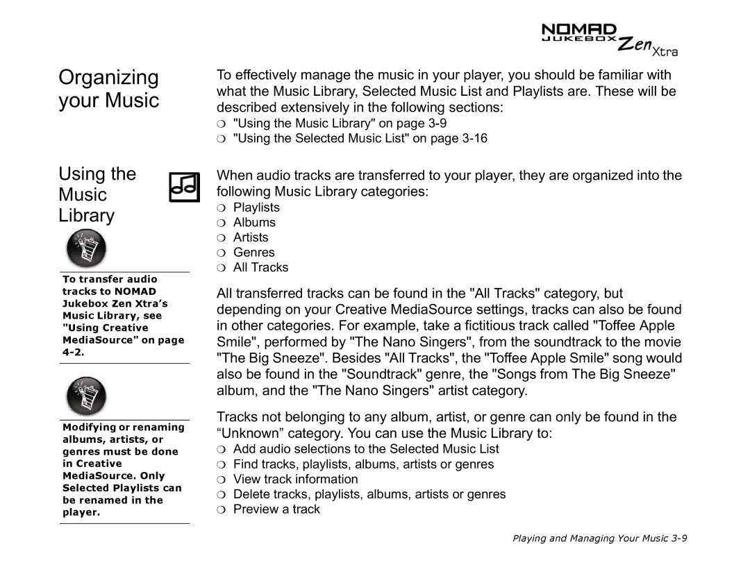 Creative NOMAD Zen XTRA manual Organizing your Music, Using Music Library 