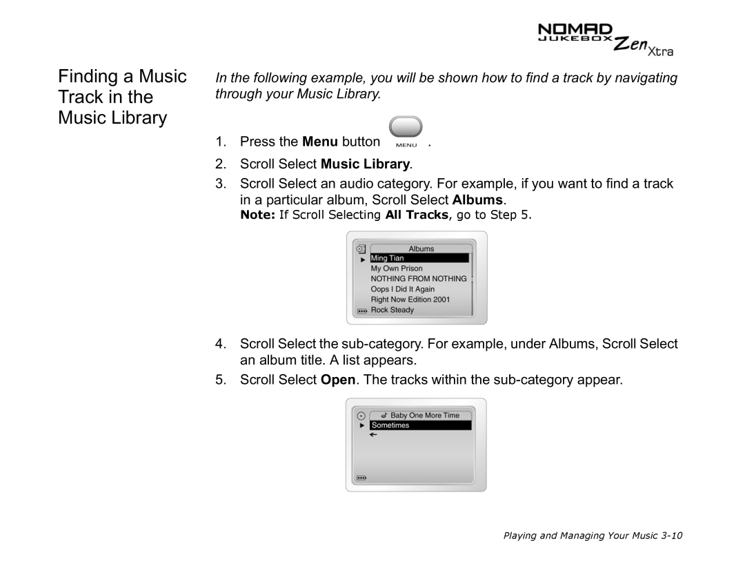 Creative NOMAD Zen XTRA manual Finding a Music Track Music Library 