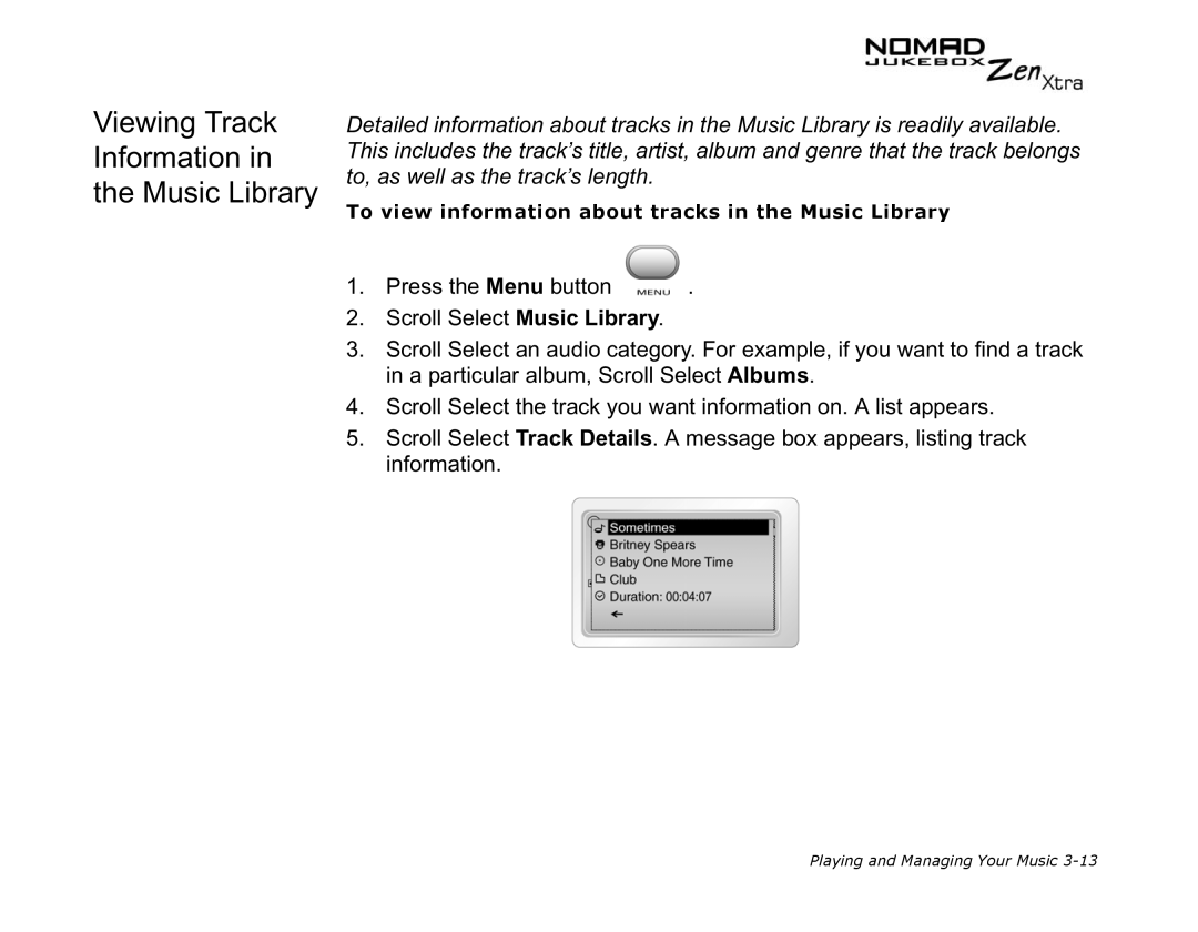 Creative NOMAD Zen XTRA manual Viewing Track Information Music Library 