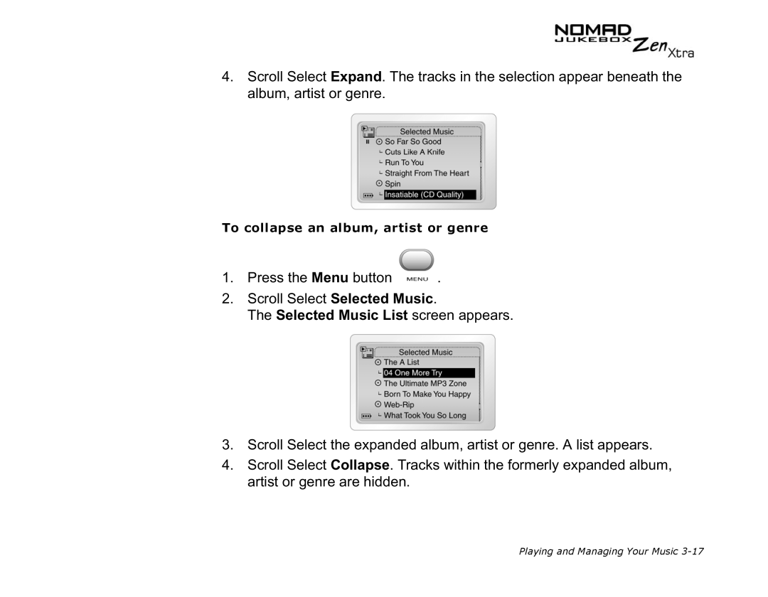 Creative NOMAD Zen XTRA manual To collapse an album, artist or genre 