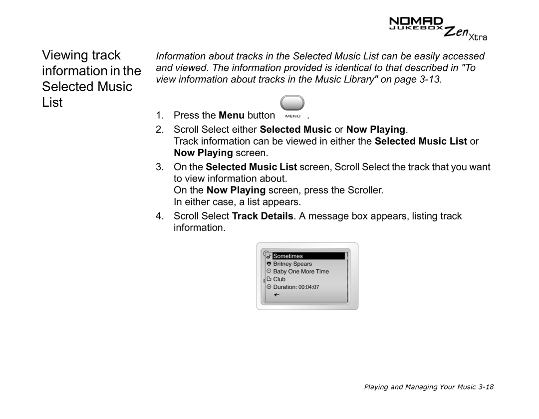 Creative NOMAD Zen XTRA manual Viewing track information in the Selected Music List 