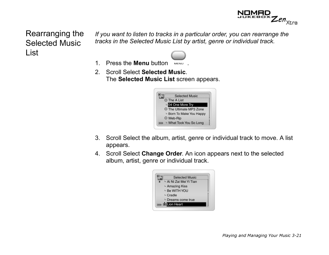 Creative NOMAD Zen XTRA manual Rearranging Selected Music List 