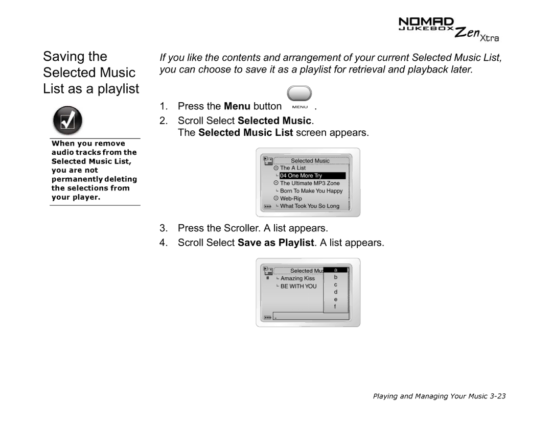 Creative NOMAD Zen XTRA manual Saving the Selected Music List as a playlist 