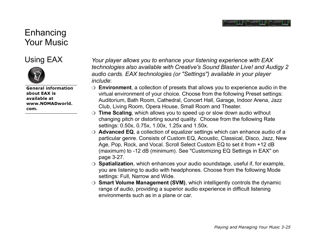 Creative NOMAD Zen XTRA manual Enhancing Your Music, Using EAX 