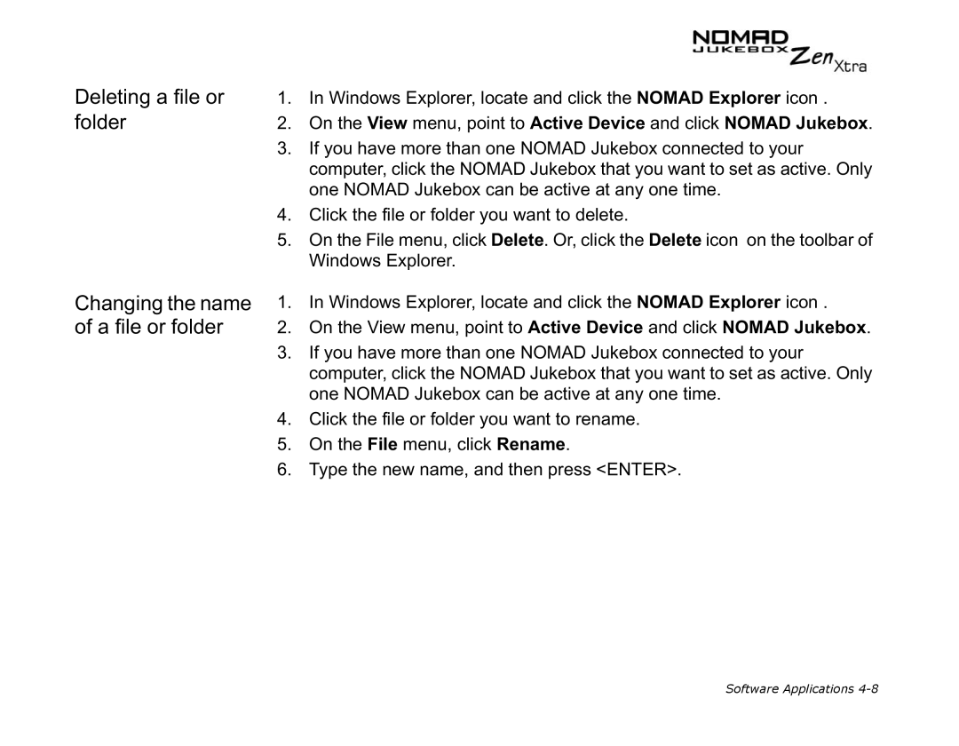 Creative NOMAD Zen XTRA manual Deleting a file or, Folder, Changing the name, A file or folder 