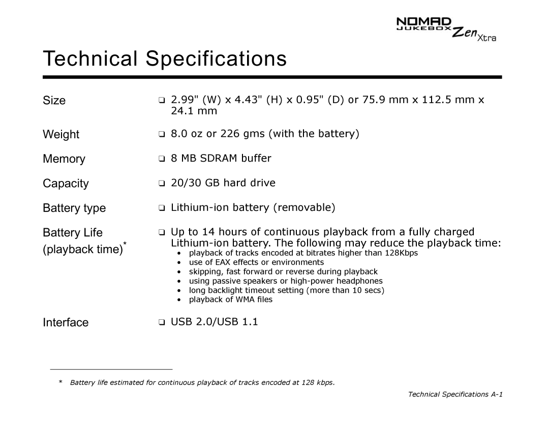 Creative NOMAD Zen XTRA manual Technical Specifications, USB 2.0/USB 