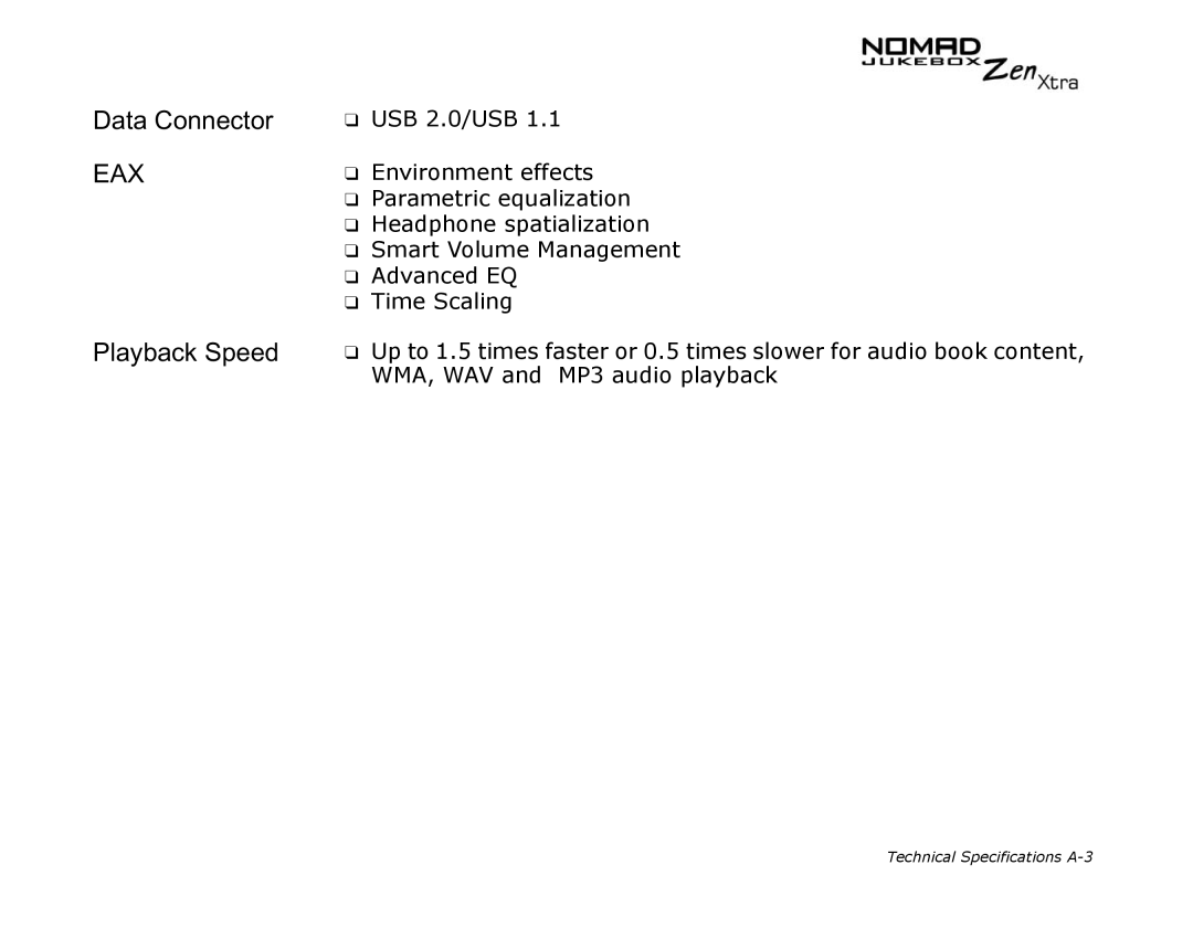 Creative NOMAD Zen XTRA manual Data Connector, Playback Speed 