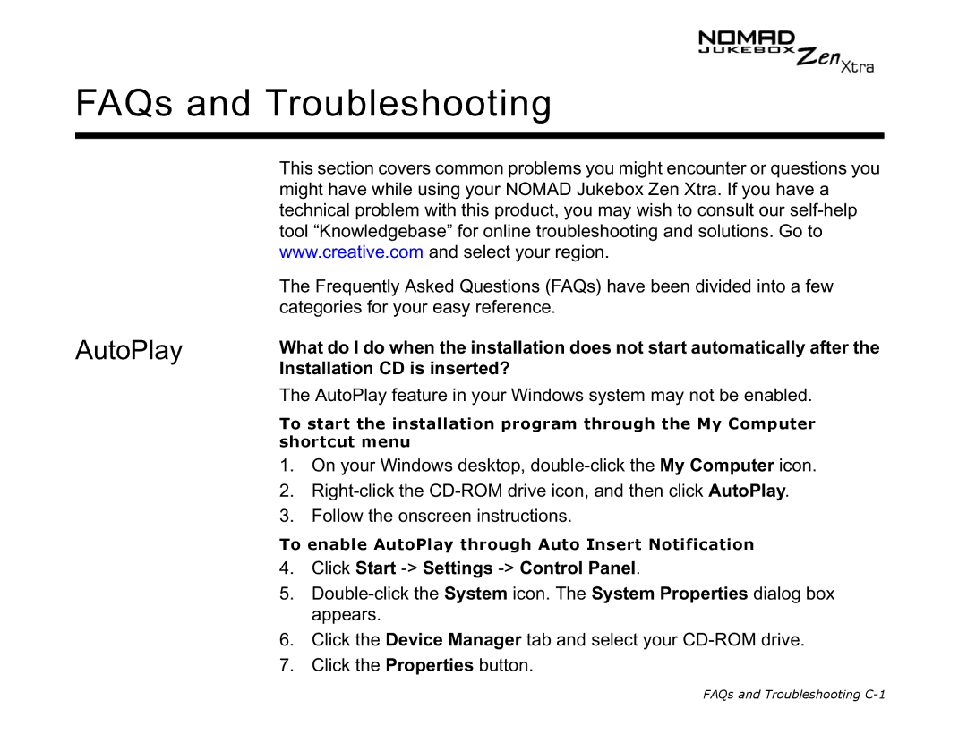 Creative NOMAD Zen XTRA manual FAQs and Troubleshooting, AutoPlay, Click Start -Settings -Control Panel 