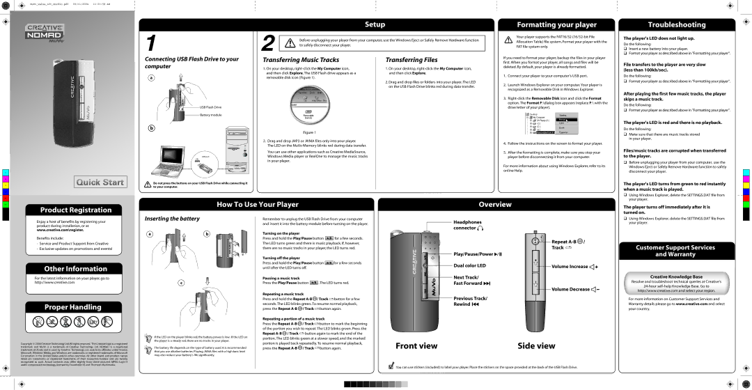 Creative None warranty Setup, Formatting your player, Troubleshooting, How To Use Your Player Overview, Other Information 