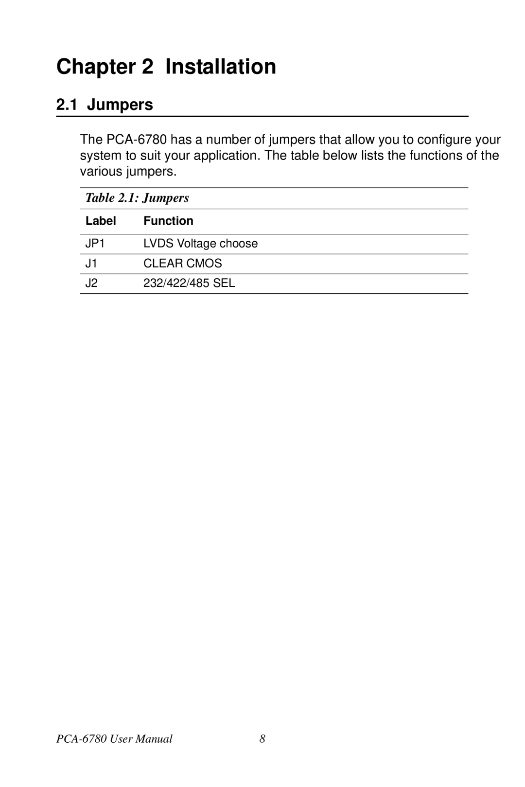 Creative PCA-6780 user manual Jumpers 