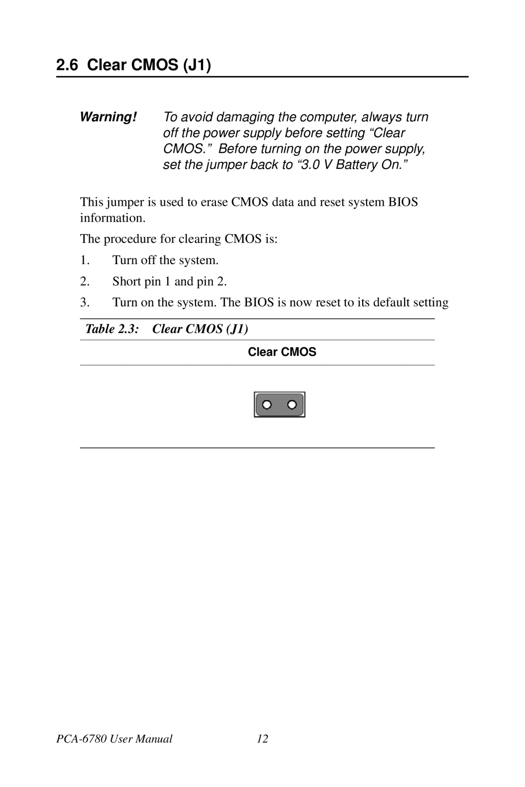 Creative PCA-6780 user manual Clear Cmos J1 