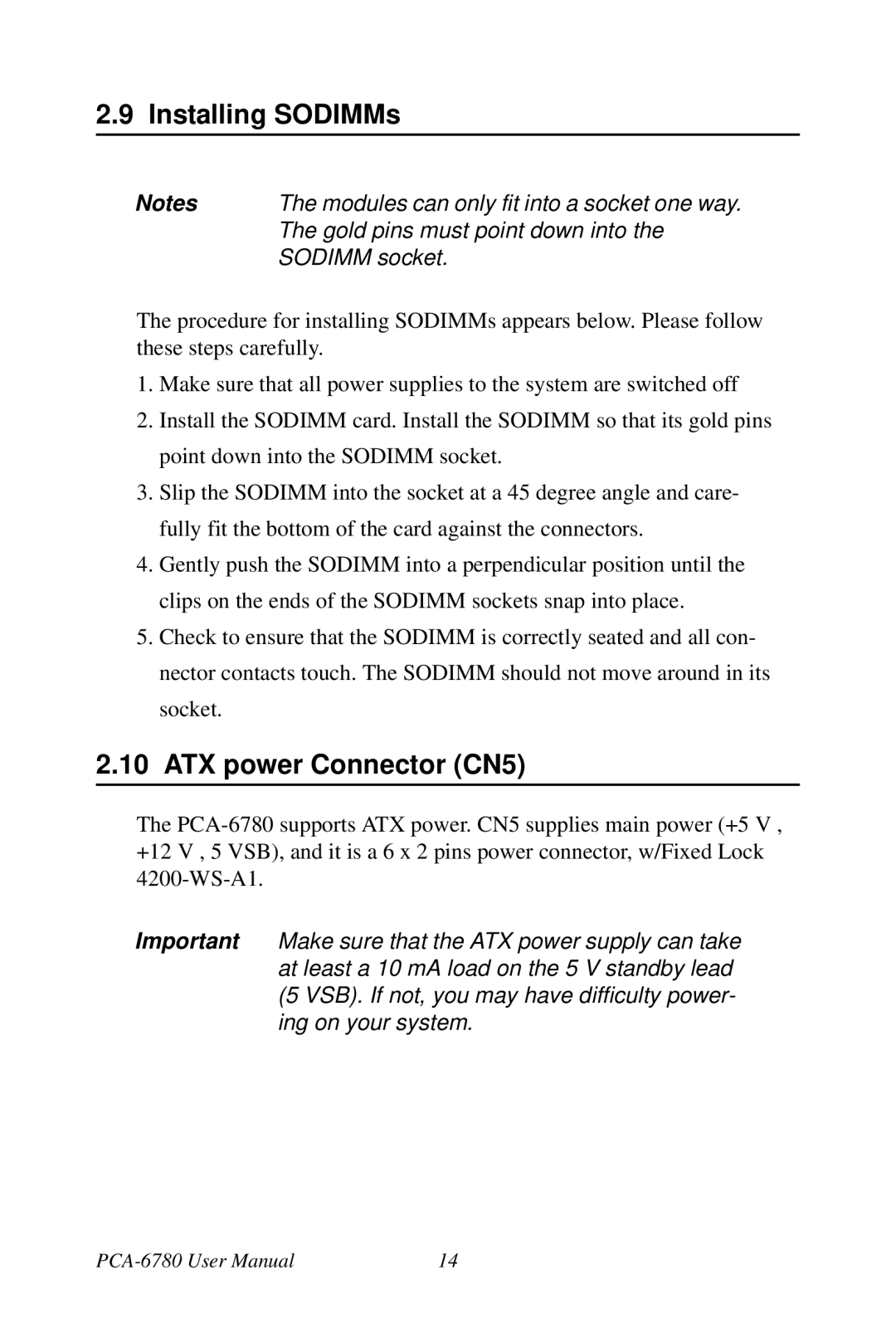 Creative PCA-6780 user manual Installing SODIMMs, ATX power Connector CN5 