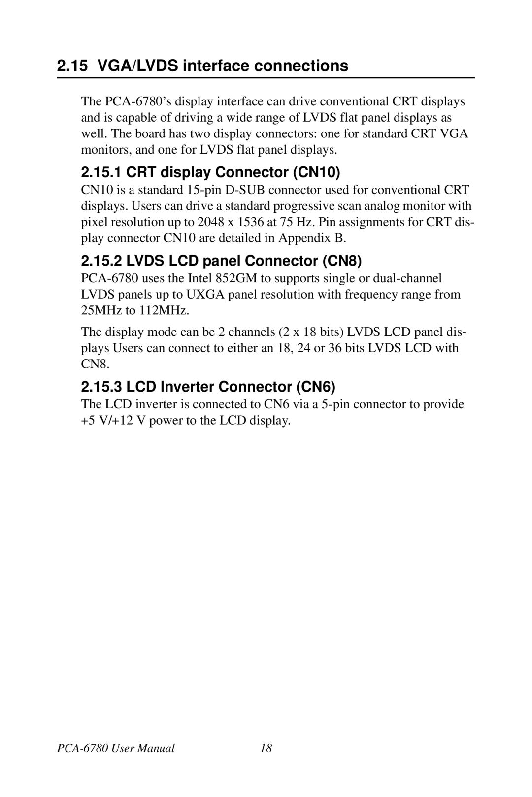 Creative PCA-6780 user manual 15 VGA/LVDS interface connections, CRT display Connector CN10, Lvds LCD panel Connector CN8 