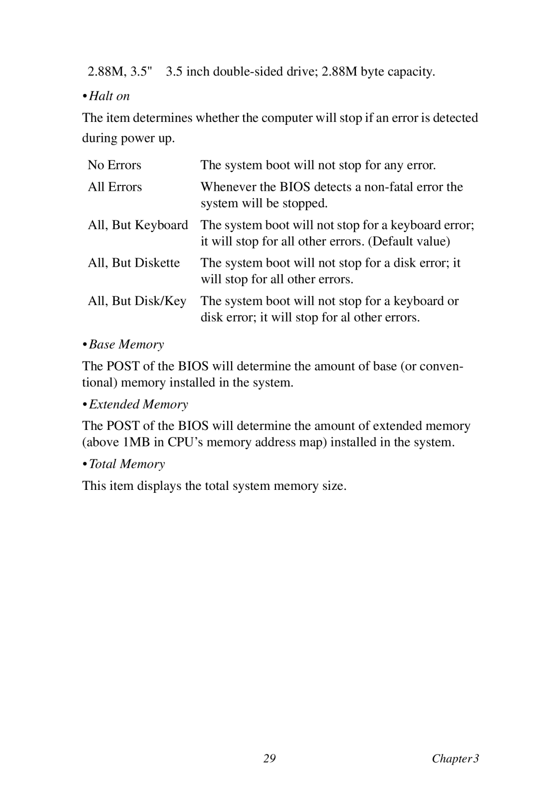 Creative PCA-6780 user manual Halt on, Base Memory, Extended Memory, Total Memory 