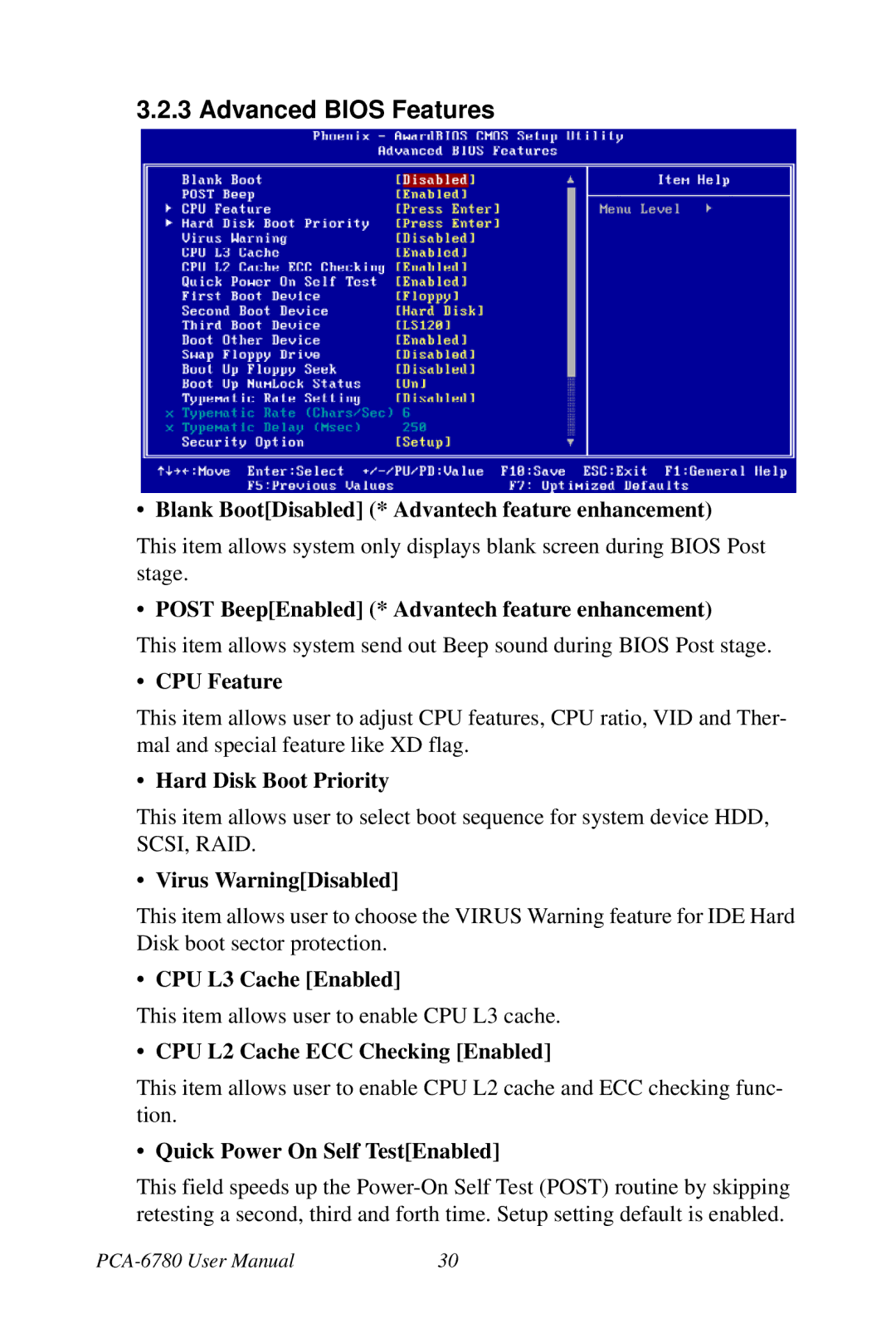 Creative PCA-6780 user manual Advanced Bios Features 