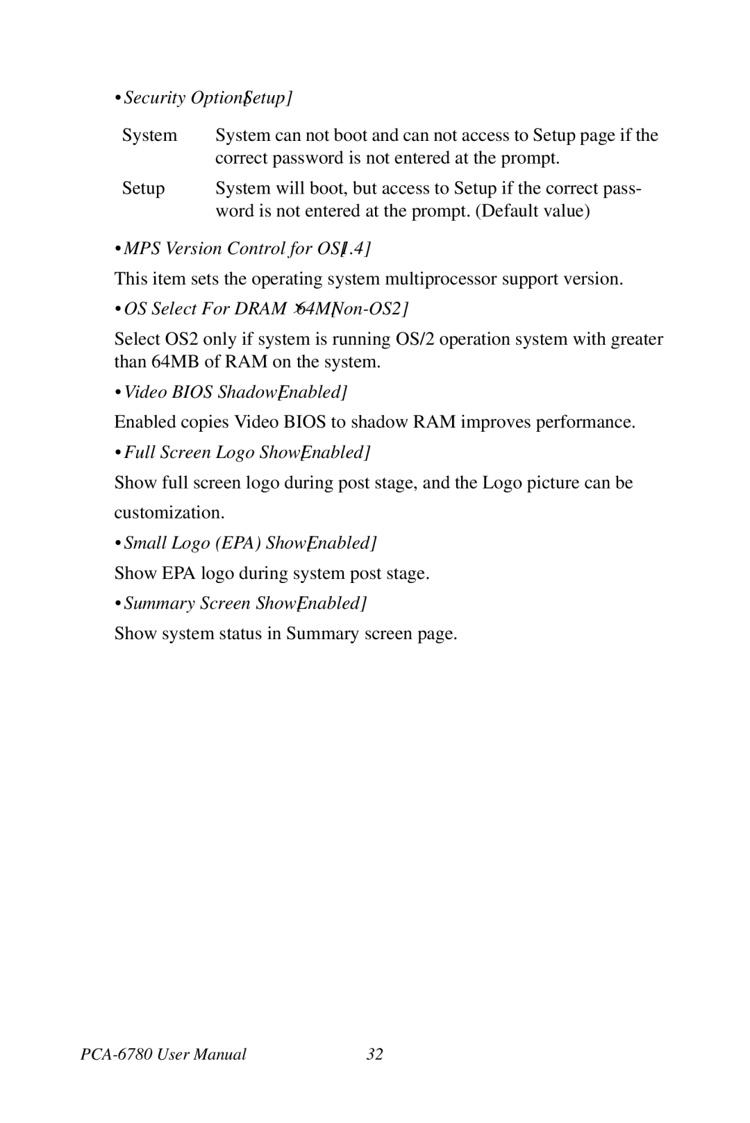 Creative PCA-6780 user manual Security OptionSetup, MPS Version Control for OS1.4, OS Select For Dram 64MNon-OS2 