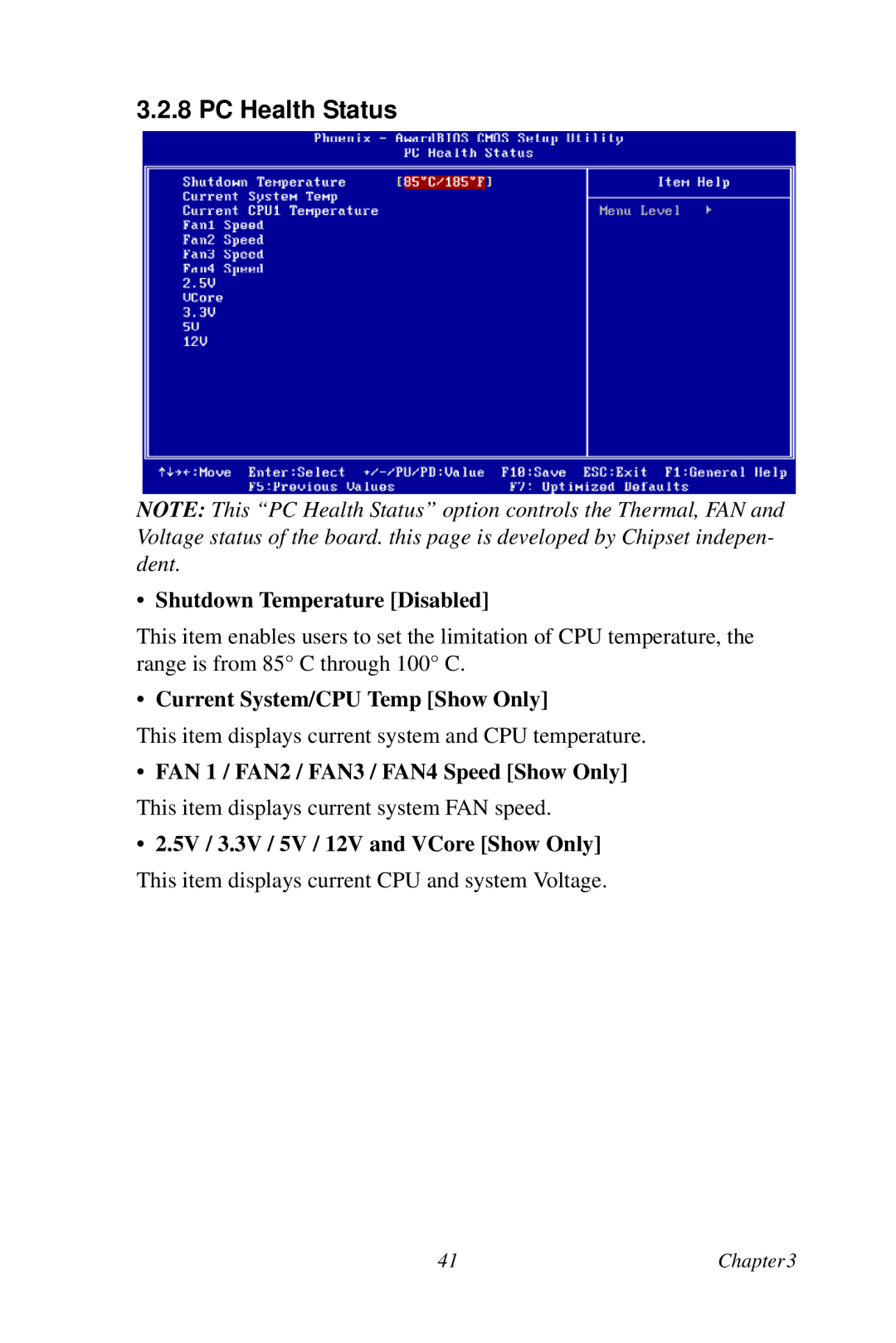 Creative PCA-6780 user manual PC Health Status, Shutdown Temperature Disabled, Current System/CPU Temp Show Only 