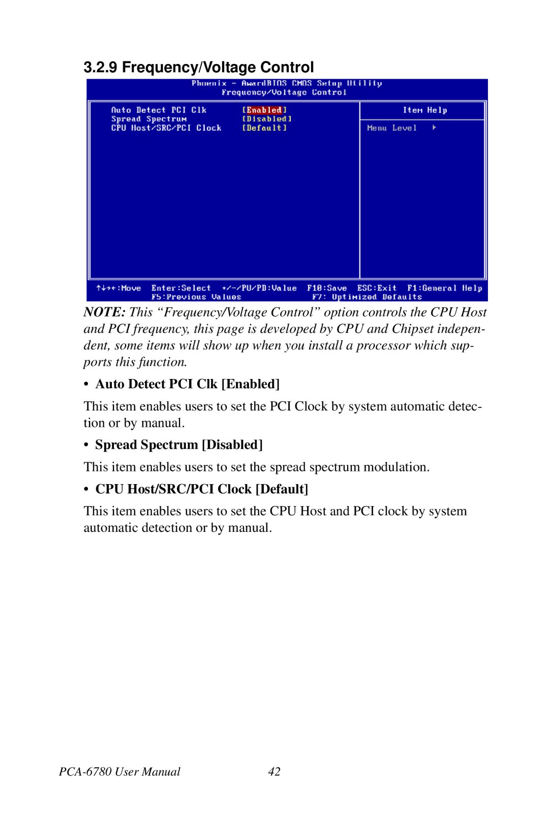 Creative PCA-6780 user manual Frequency/Voltage Control, Auto Detect PCI Clk Enabled, Spread Spectrum Disabled 